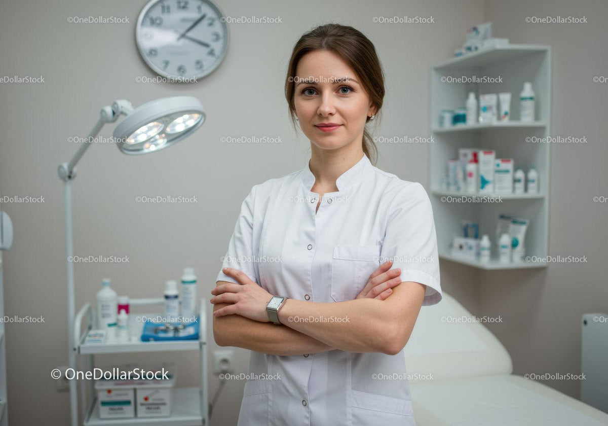 Female Nurse Standing with Crossed Arms in Modern Healthcare Clinic