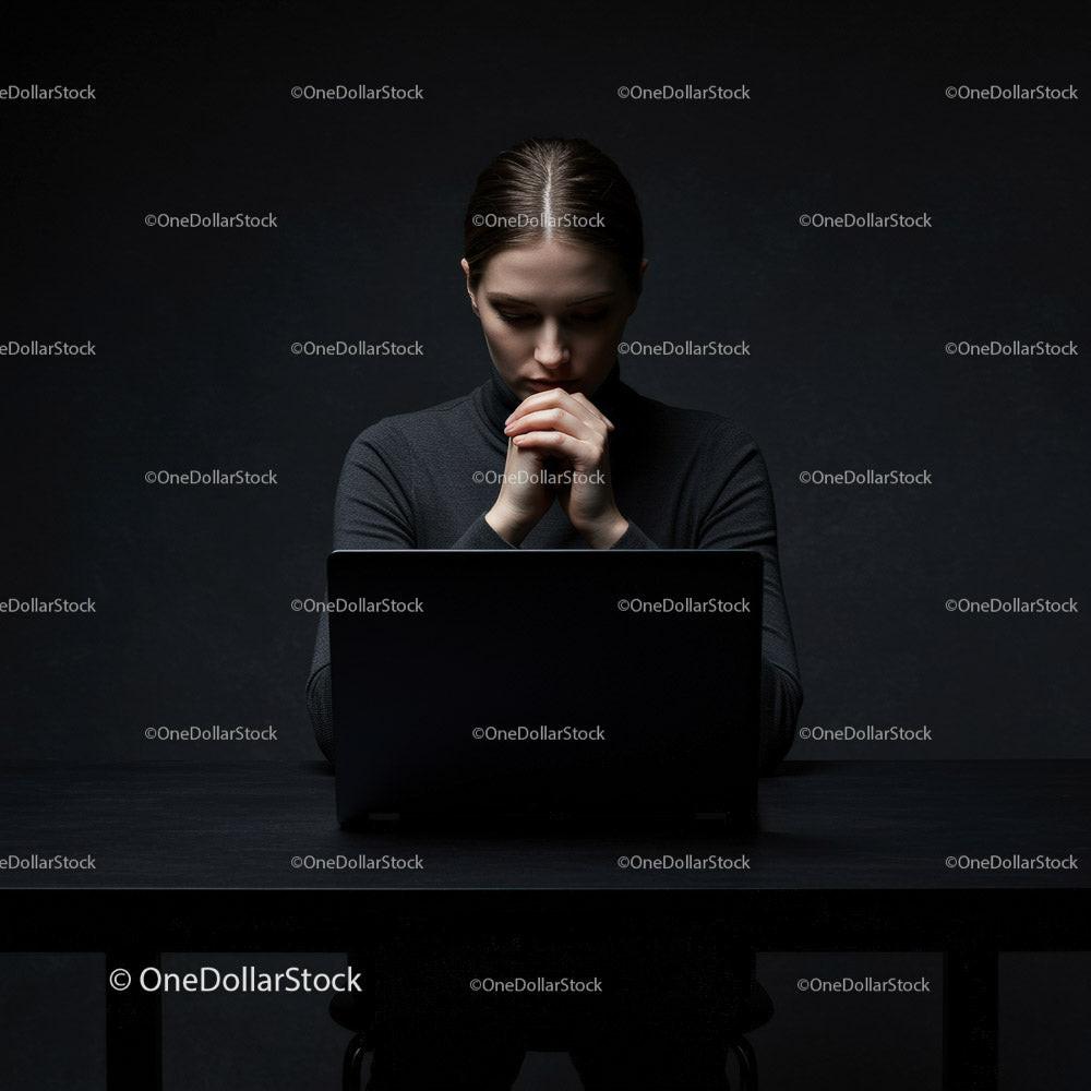 Thoughtful Woman at Laptop in Dark Modern Workspace 12 JPG Files digital asset preview