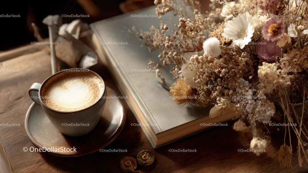 Dried Flowers in Amber Jar with Coffee and Open Book Stock Photo Bundle preview 17