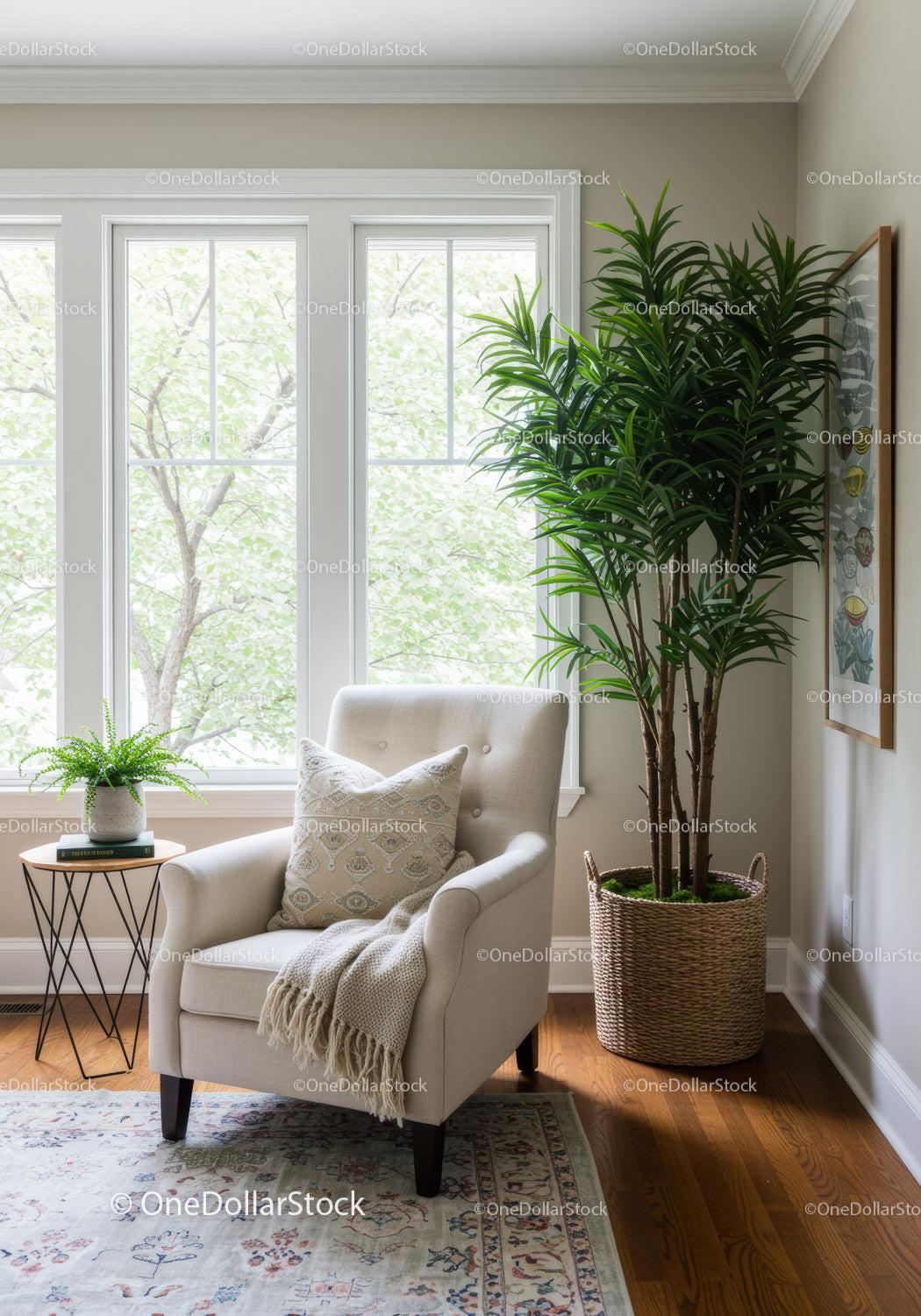 Bright Sunlit Room with Large Tropical Houseplant and Cozy Armchair