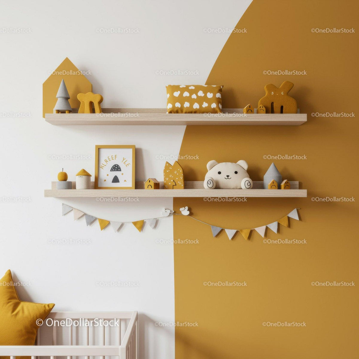 Modern Nursery Decor with Animal Plush Toys and Wooden Shelves