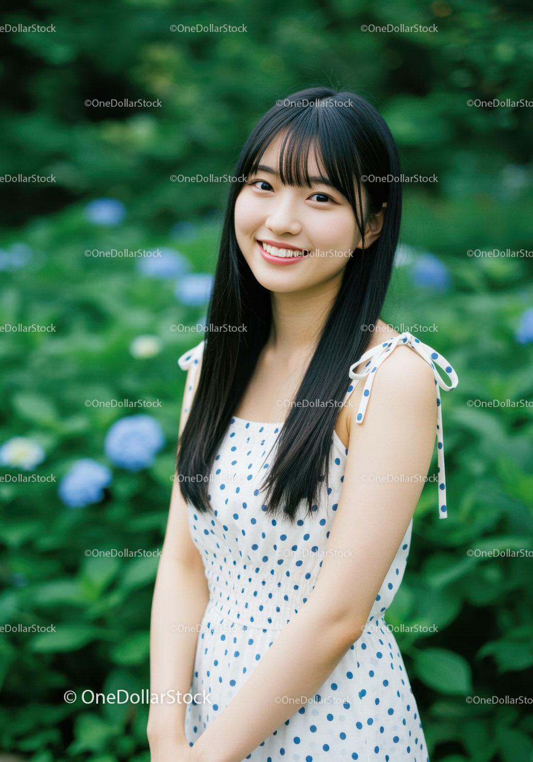 Young Woman in Polka Dot Summer Dress in Lush Garden
