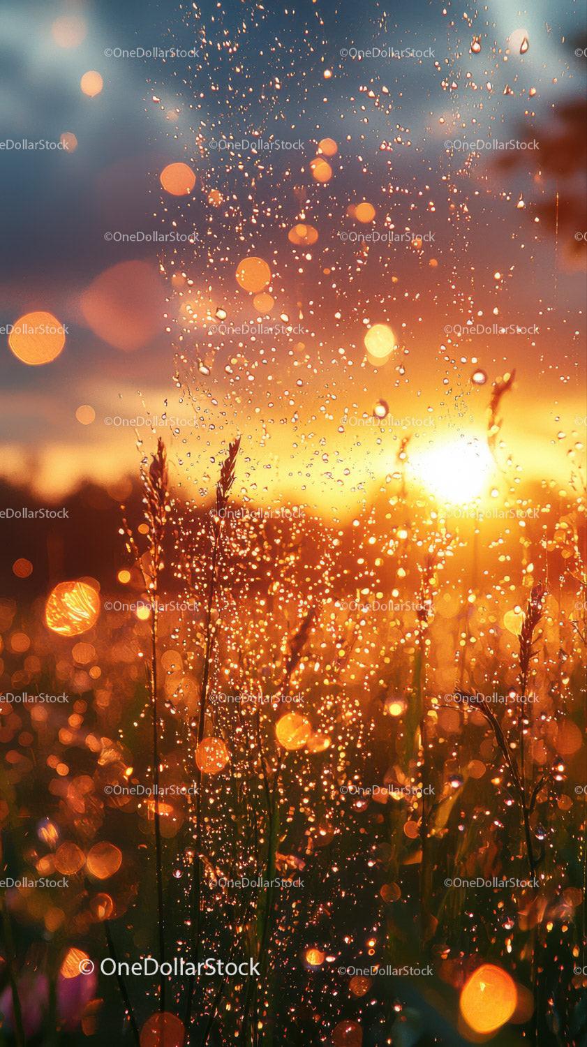 Sunset with Dewdrops on Grass and Bokeh Effect in Warm Light