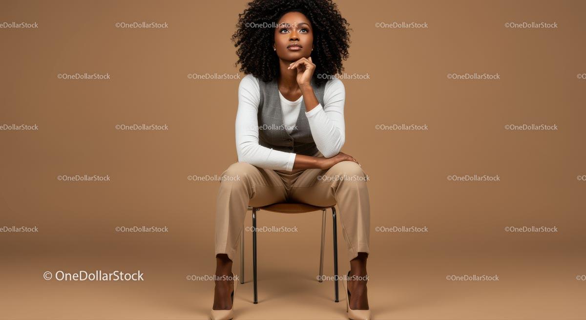 Thoughtful Woman Seated in Elegant Attire Against Brown Background Stock Photo Bundle preview 40