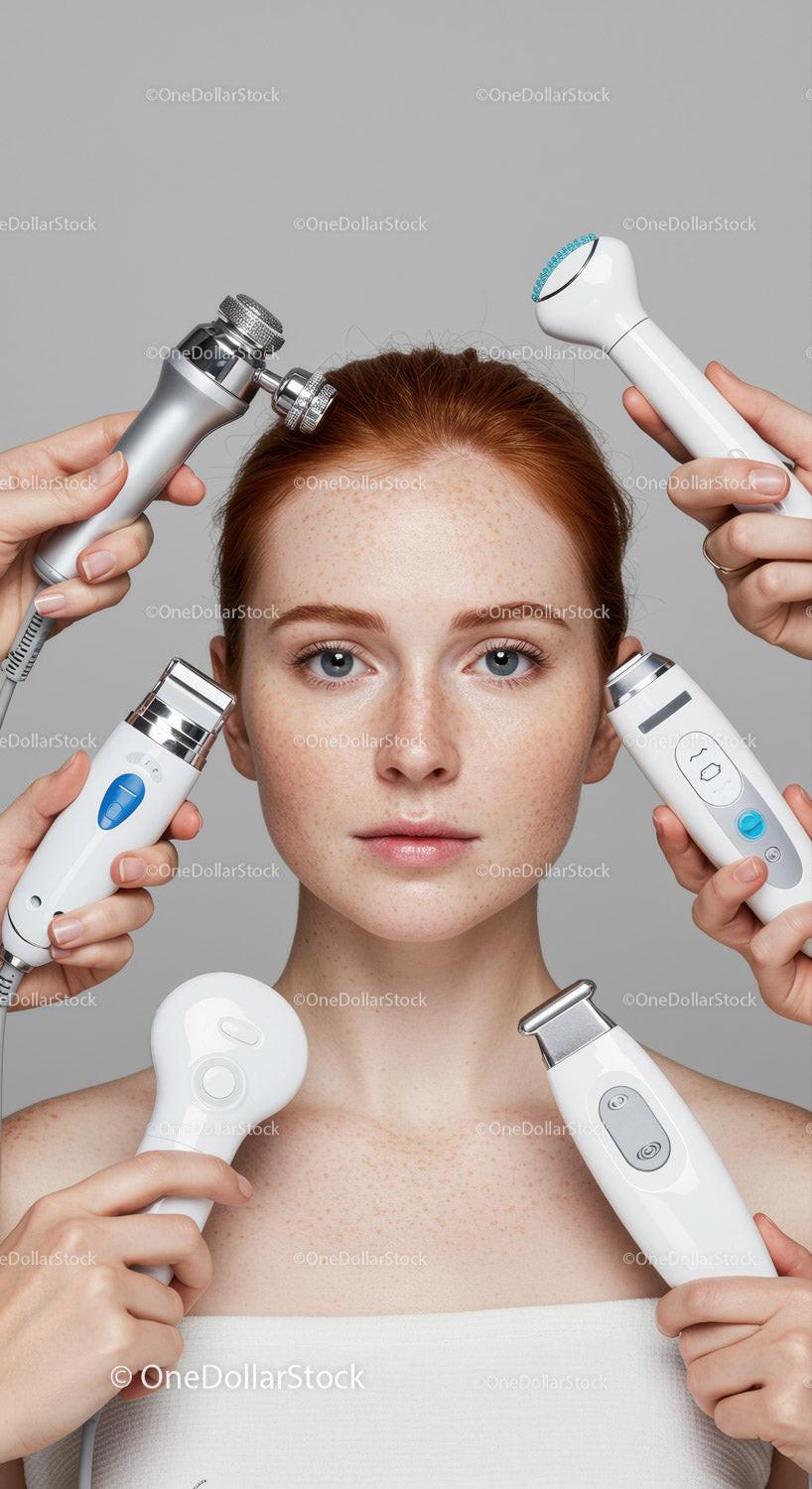 Young Woman Using Multiple Skincare Devices for Clear Radiant Skin