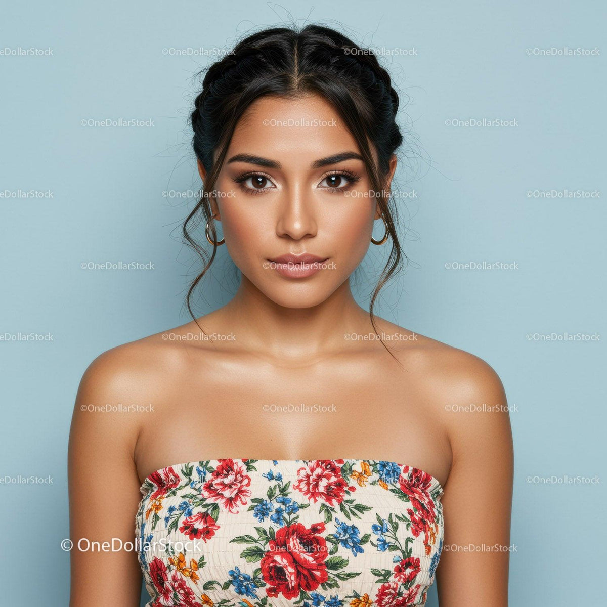 Portrait of a Young Woman Wearing Floral Top with Confident Expression