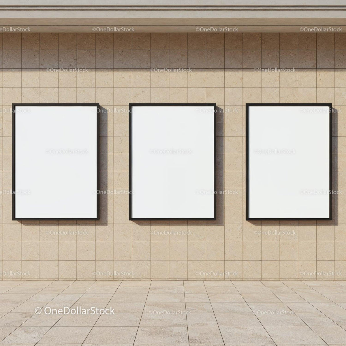 Three Blank Frames on Beige Tiled Wall in Gallery JPG Mockup Image preview