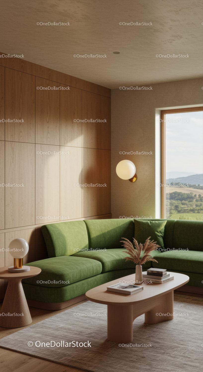Modern living room with green sofa and natural light