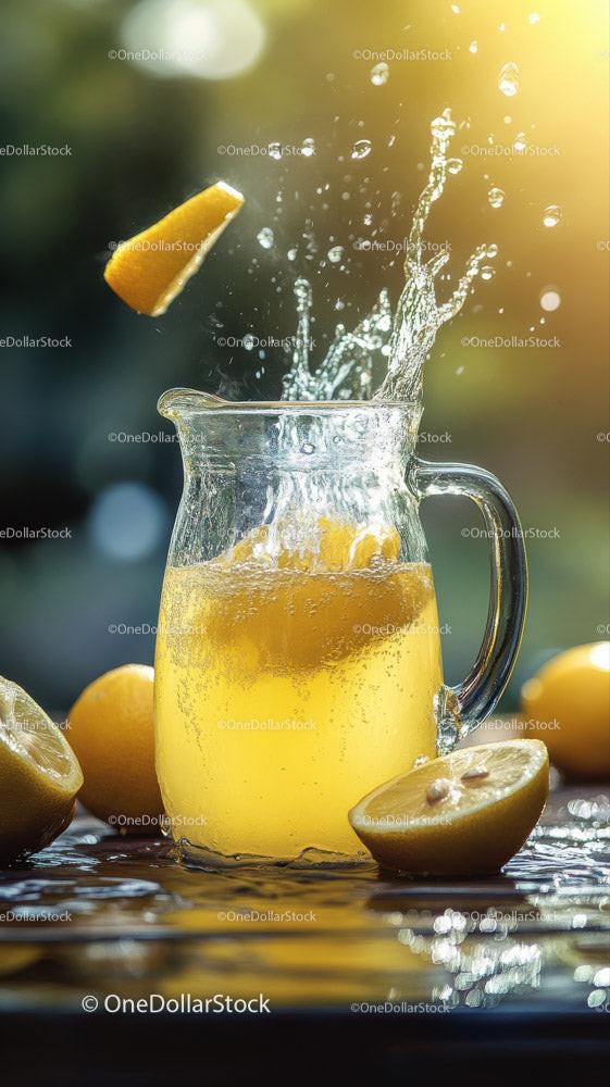 Fresh Lemonade with Sliced Lemons in a Glass Pitcher on Rustic Wooden Surface Stock Photo Bundle preview 11