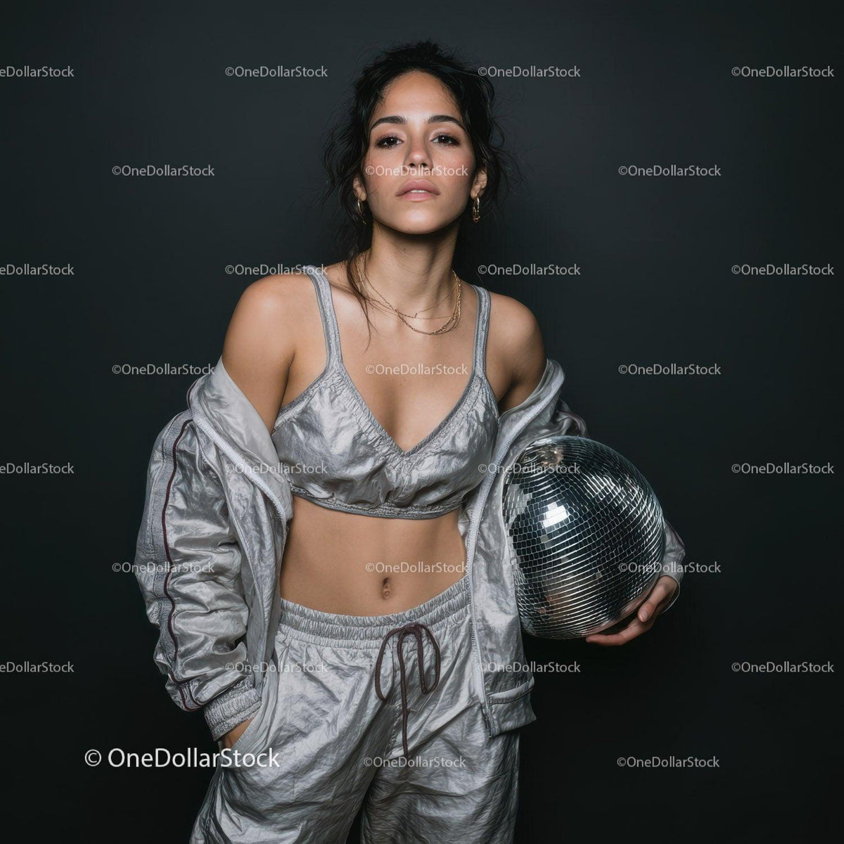 Stylish Woman in Metallic Outfit Holding Disco Ball for Modern Fashion 24 JPG Files digital asset preview