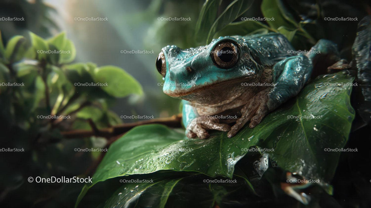 Green Frog Resting on Leaf in Tropical Rainforest Scene