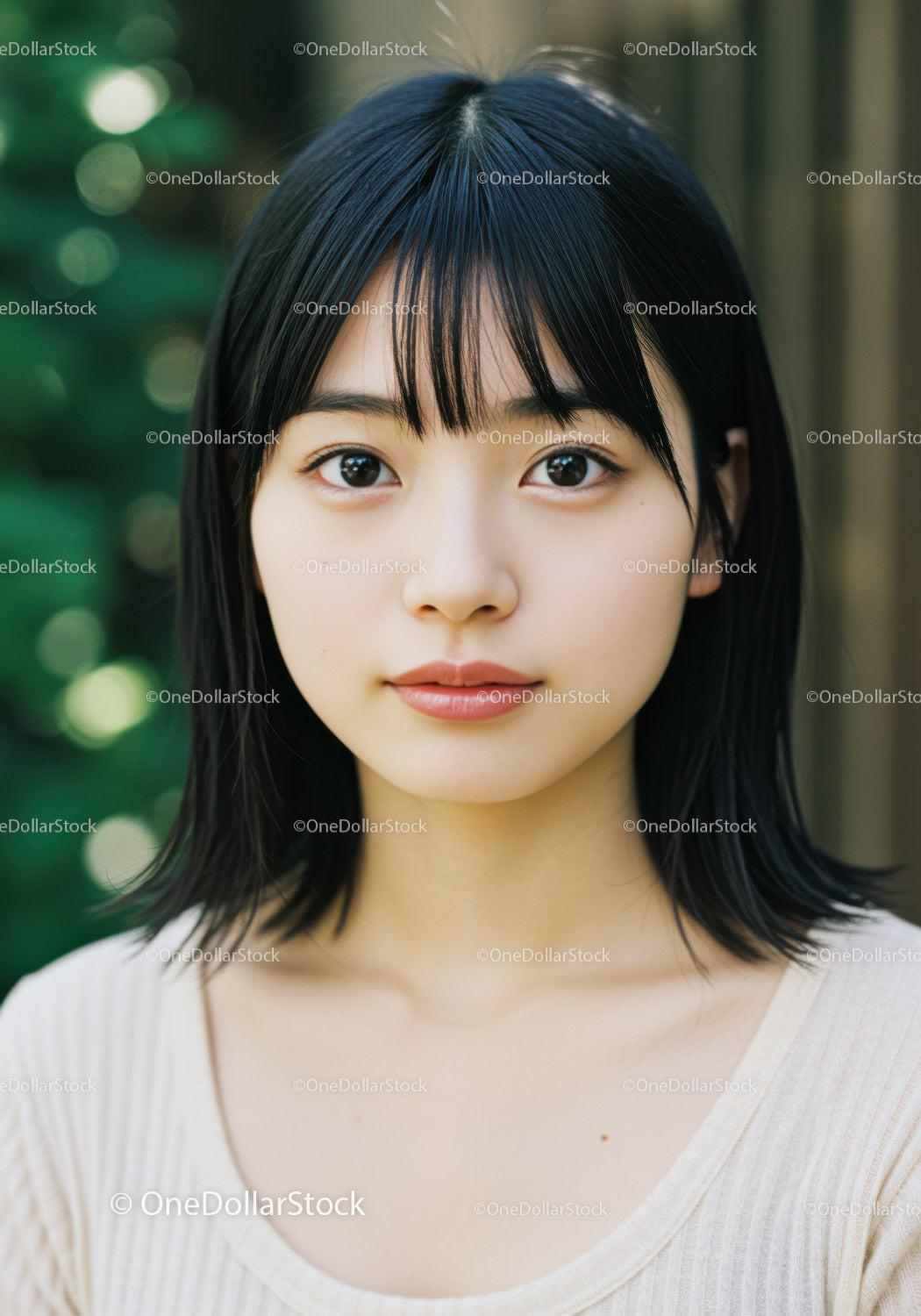 Young Woman with Black Hair and Clear Skin in Outdoor Portrait