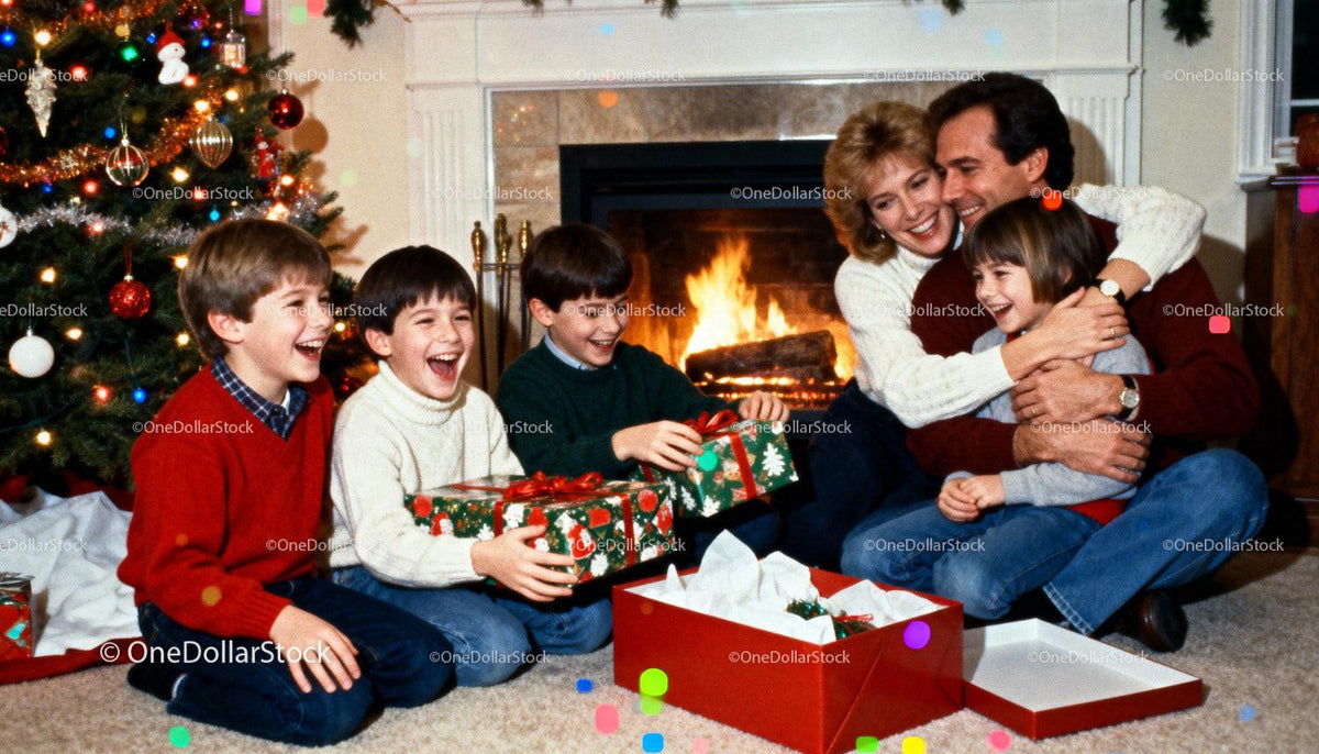 Joyful family opening Christmas gifts by fireplace