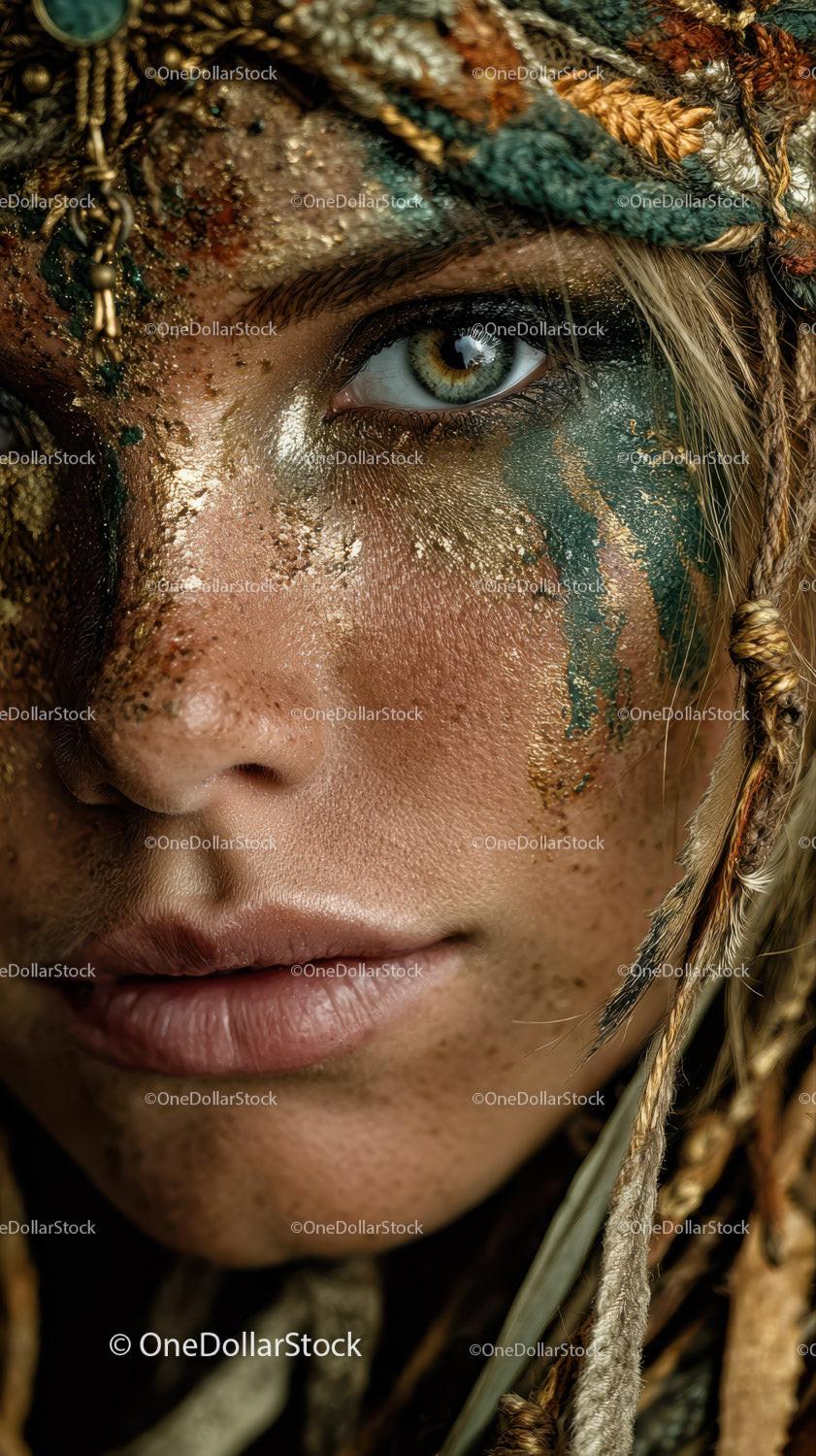 Close-Up of Artistic Tribal Face Paint with Green and Gold Accents