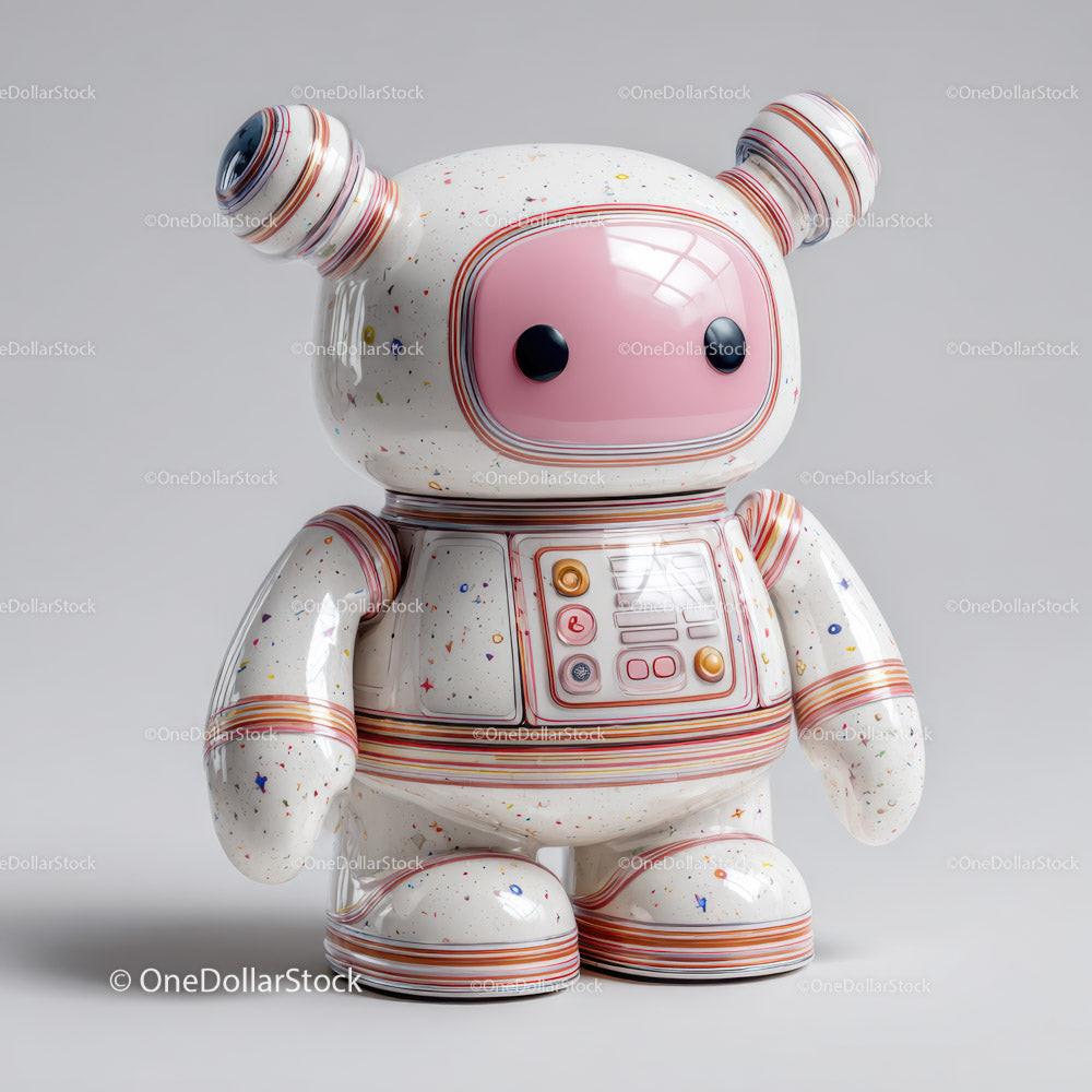 Glossy retro robot figurine with speckled white body and pink face panel