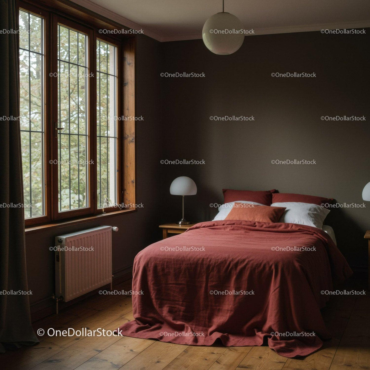 Cozy Bedroom with Rust-Colored Bedding and Large Windows