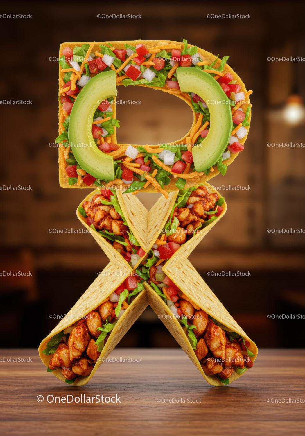 Creative taco letter R made from fresh ingredients