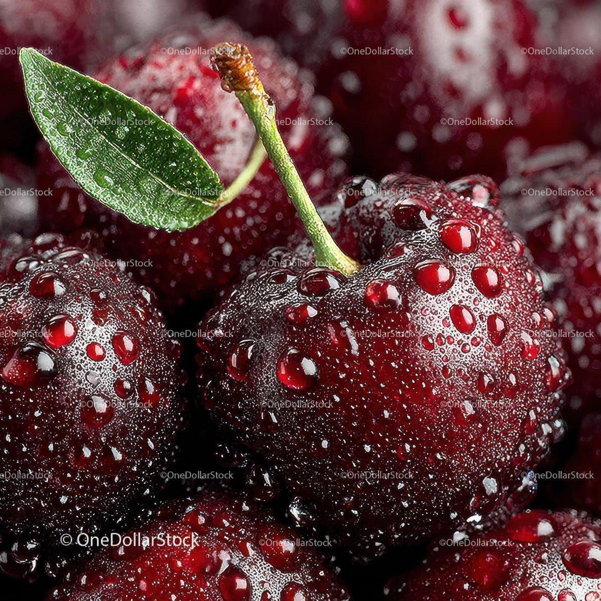Close-up of Juicy Ripe Black Cherries with Dew Drops