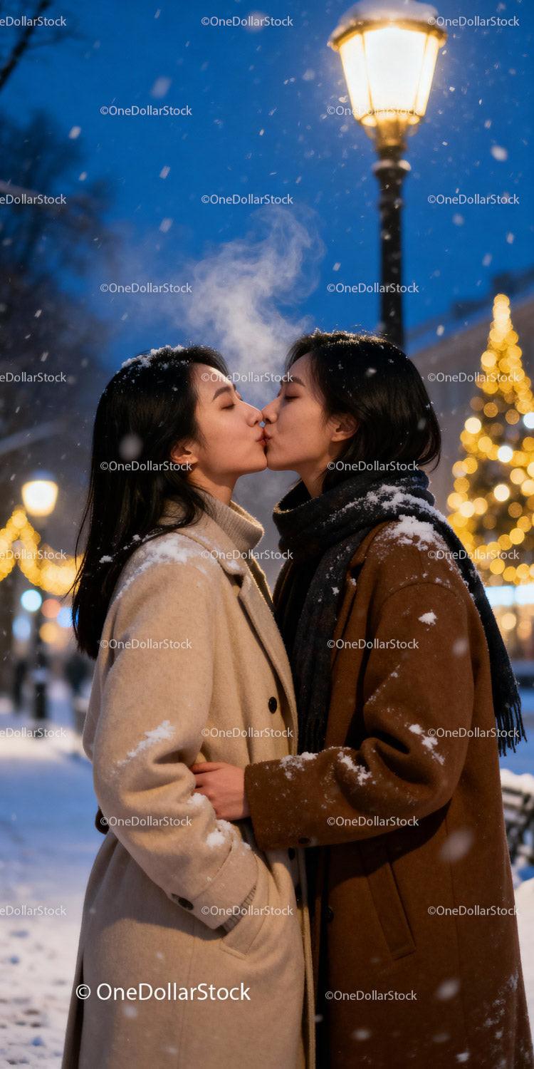 Couple sharing a tender kiss in snowy winter evening
