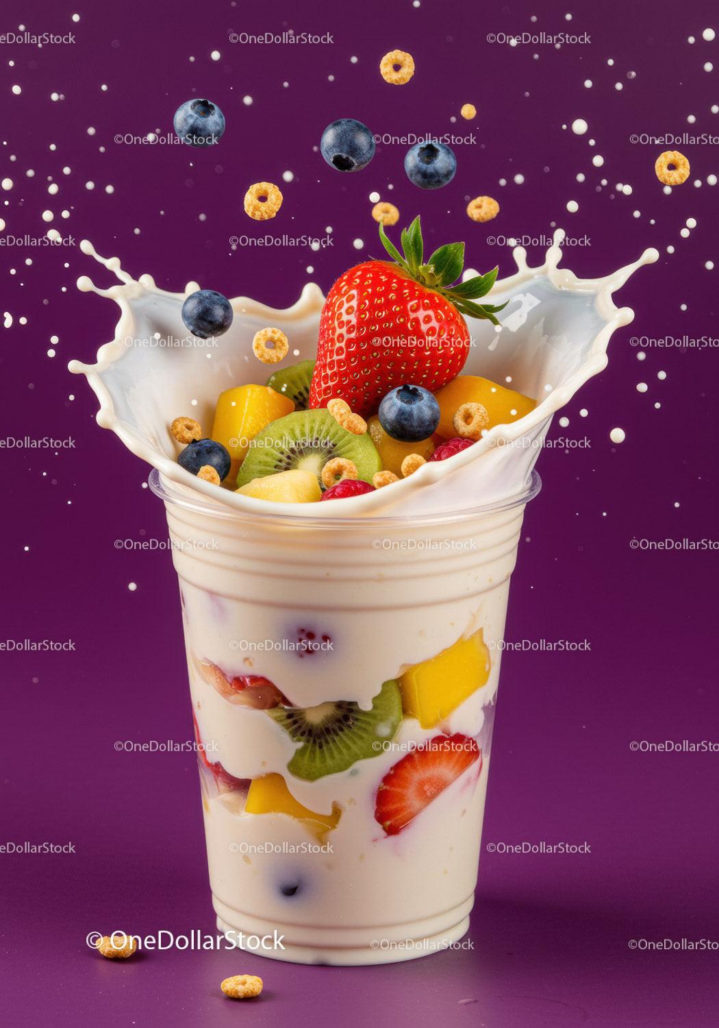 Fresh fruit parfait with yogurt splash on purple background