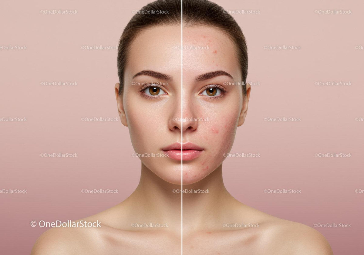 Young Woman With Clear Skin Showing Acne Before and After Skin Treatment