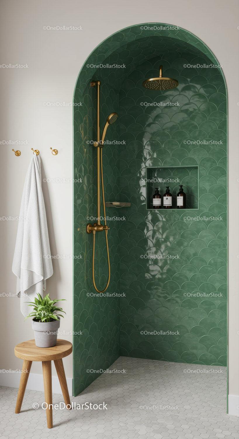 Minimalist shower niche with emerald green tiles and gold fixtures