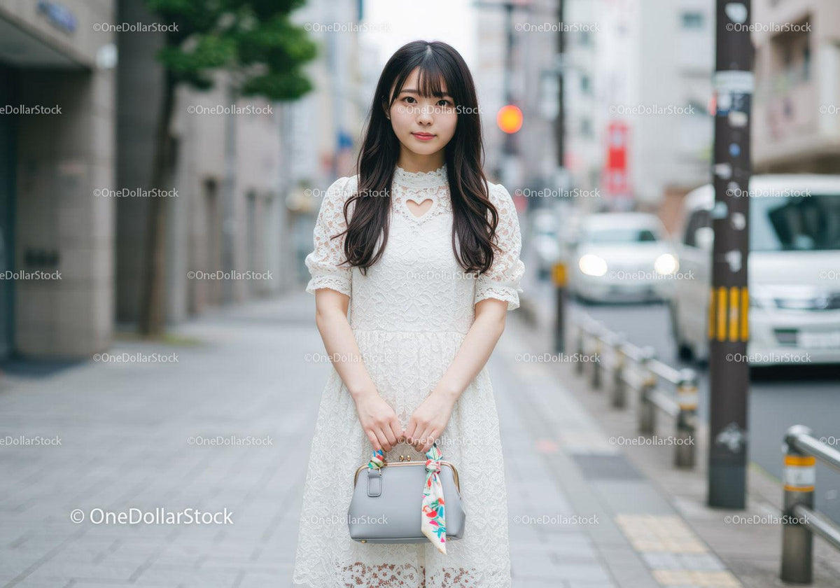 Elegant Young Woman in White Lace Dress on City Street