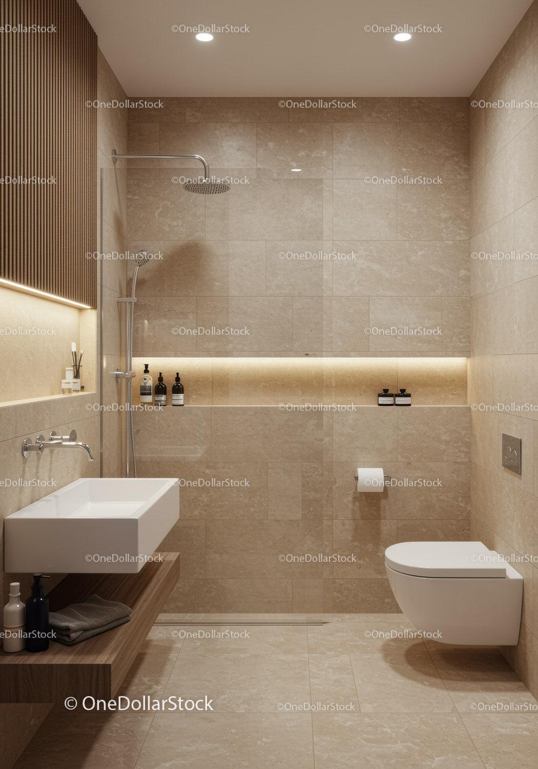 Elegant Modern Bathroom with Beige Tiles and Wooden Accents