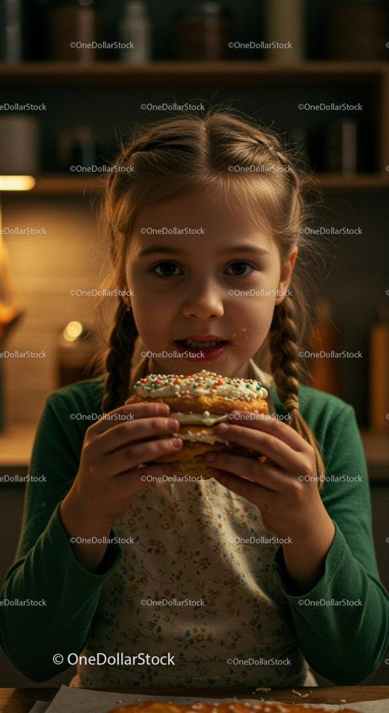 Girl Eating a Colorful Donut in a Cozy Kitchen Stock Photo Bundle creative preview 4