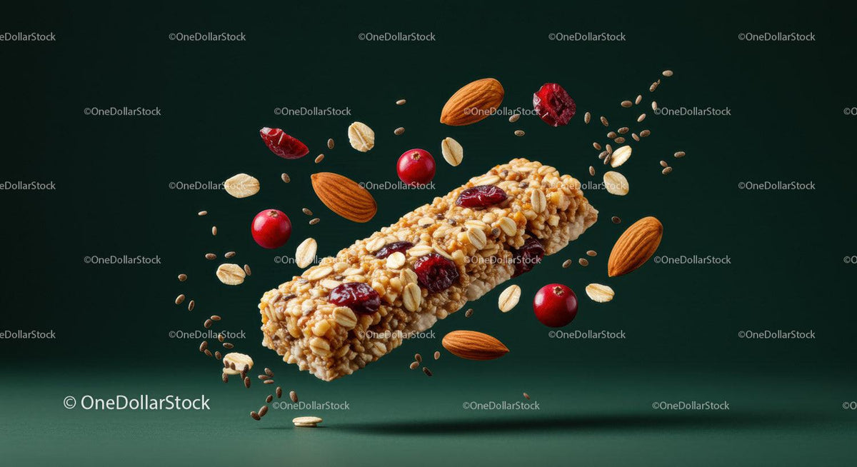 Healthy granola bar with nuts and dried berries flying