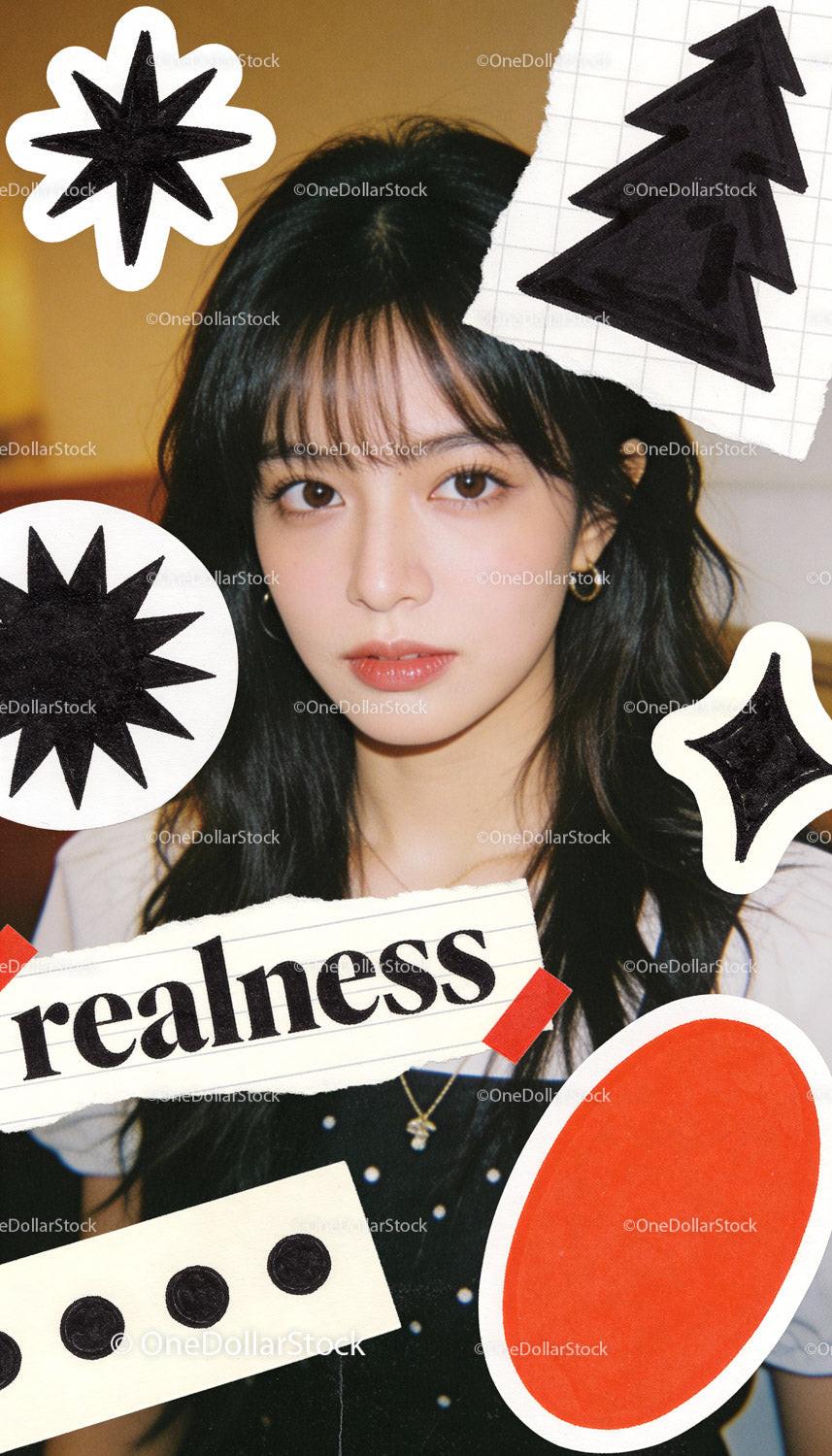 Young woman surrounded by creative graphic elements