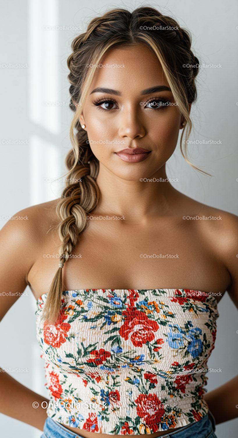 Beautiful Woman Wearing Floral Strapless Top with Braided Hair