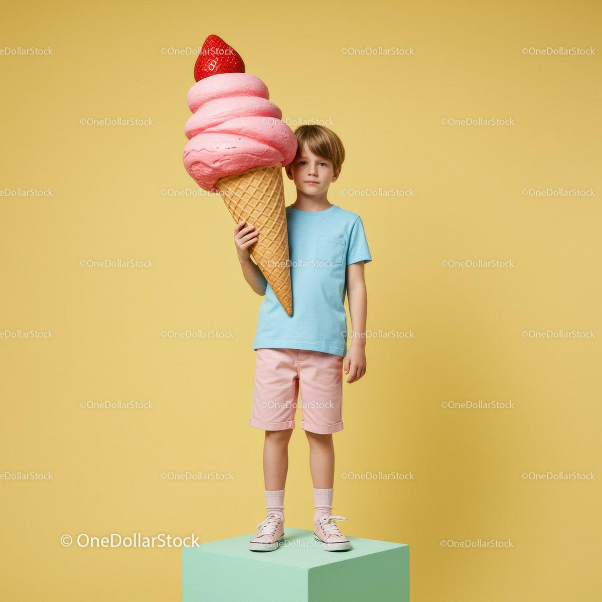 Young boy holding oversized strawberry ice cream cone