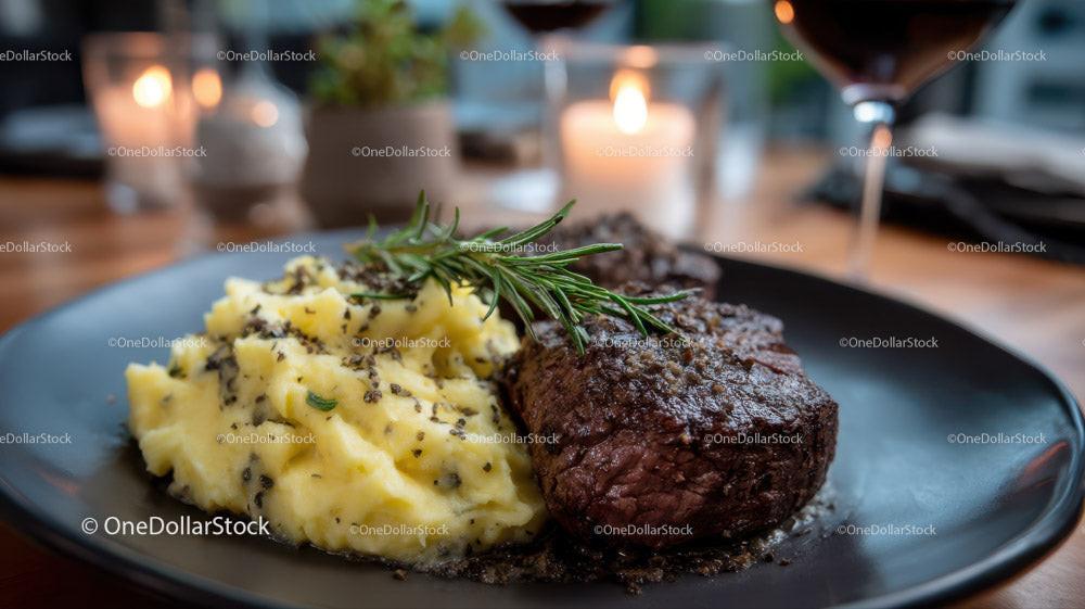 Gourmet Beef Steak with Mashed Potatoes and Rosemary Garnish Stock Photo Bundle preview 18