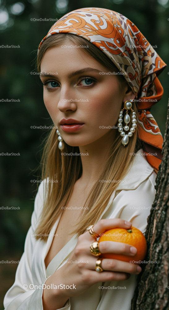 Stylish Woman Holding an Orange in a Bright Outdoor Setting Stock Photo Bundle preview 35