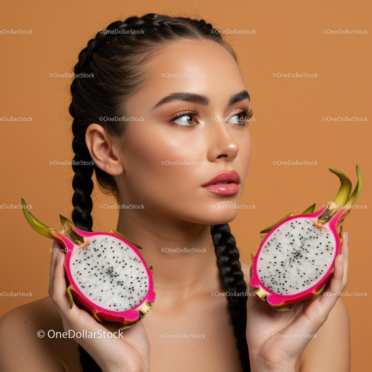 Portrait of a Woman with Braided Hair Holding Fresh Dragon Fruit