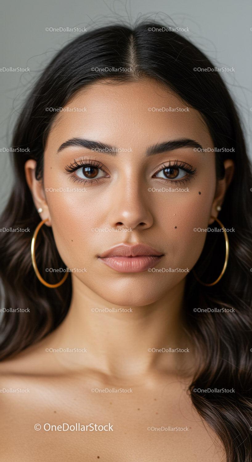 Elegant Close-Up of Brunette Woman with Brown Eyes and Hoop Earrings