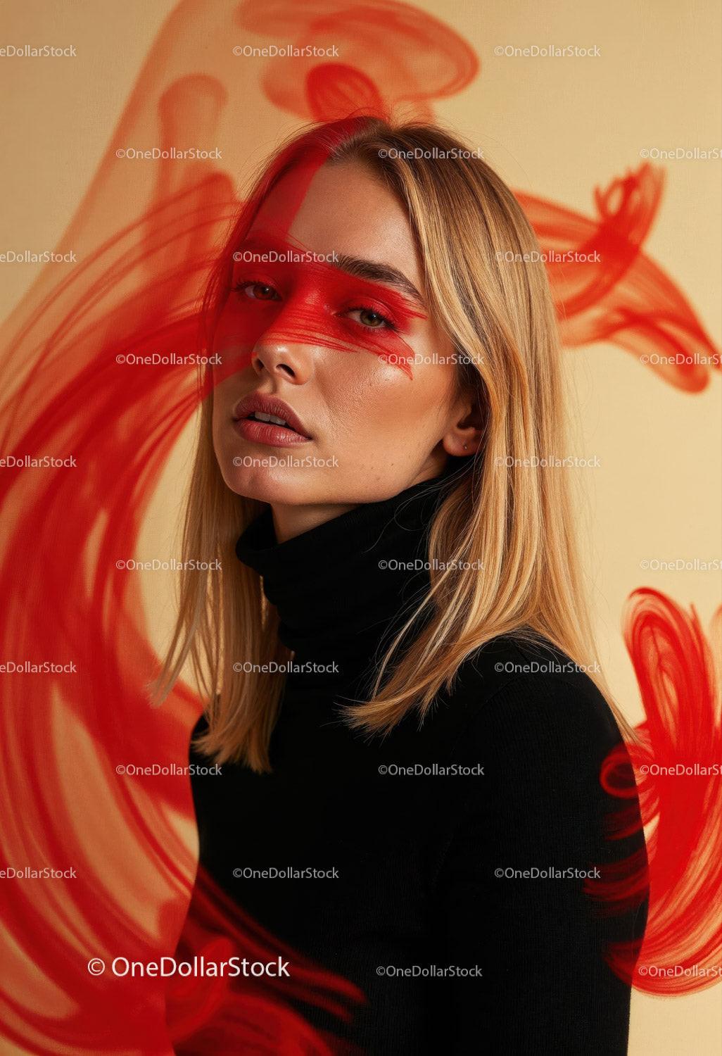 Creative Artistic Makeup Portrait with Red Face Paint and Blonde Hair 35 JPG Files digital asset preview