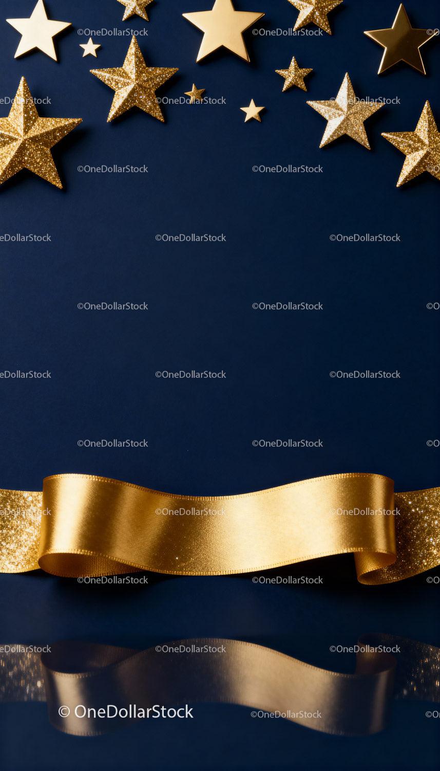 Golden Stars and Ribbon on Navy Blue Background