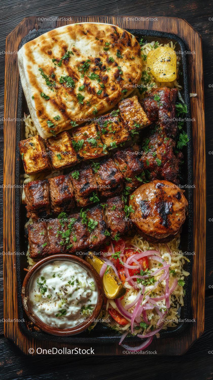 Grilled Meat Skewers with Roasted Vegetables and Yogurt Sauce
