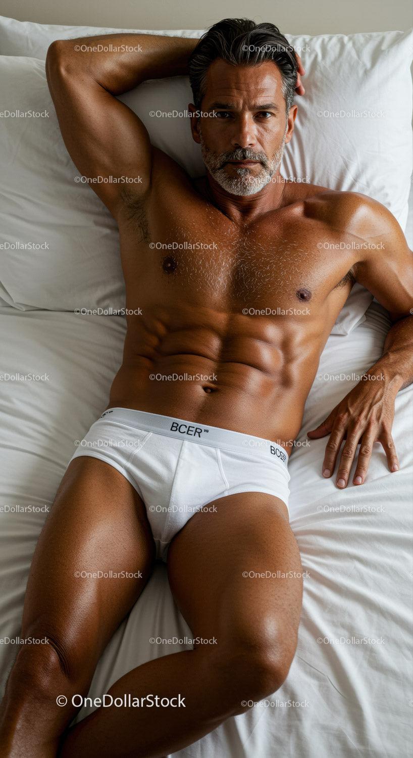 Fit mature man relaxing on bed in white underwear