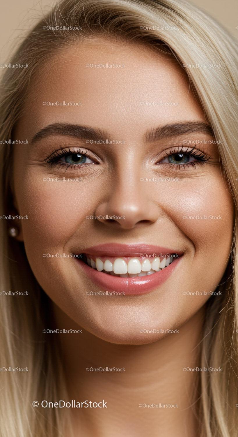 Close up portrait of smiling blonde woman with clear skin
