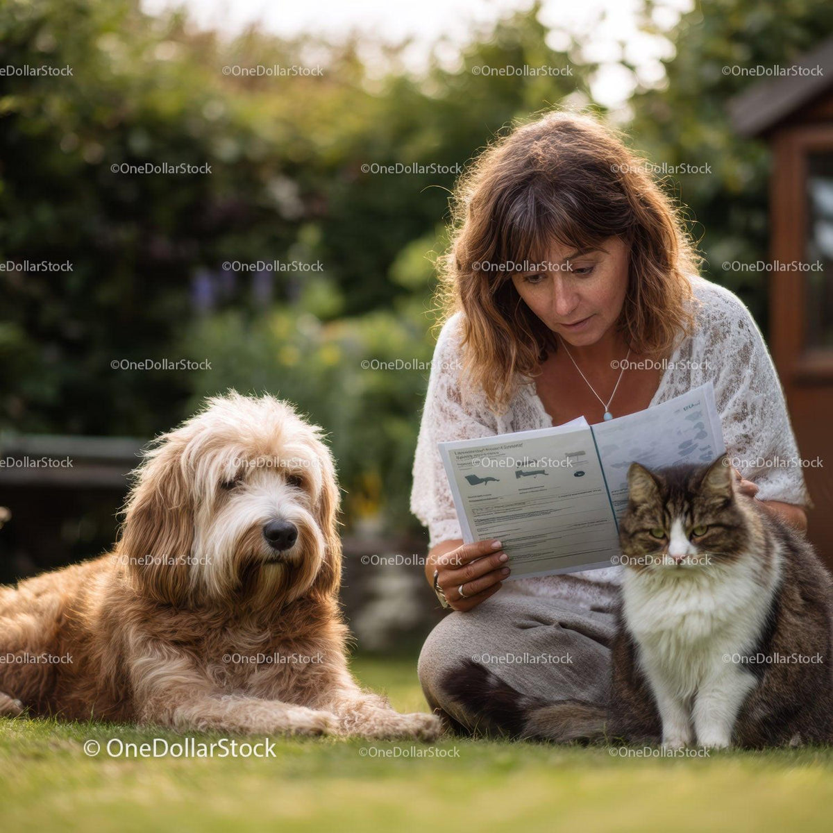 Woman Reading Paper Outdoors with Dog and Cat