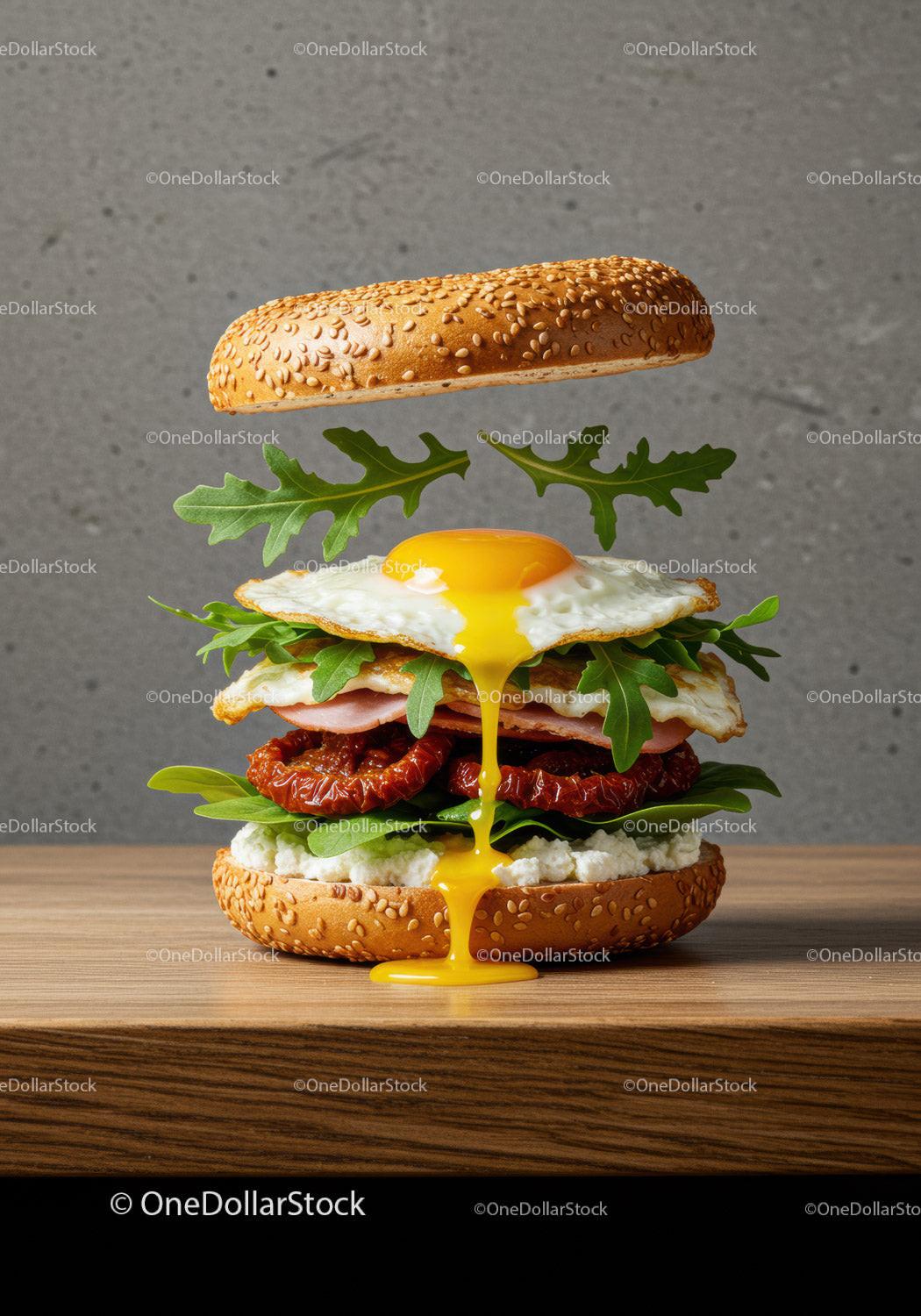 Fresh gourmet sandwich with runny fried egg and greens