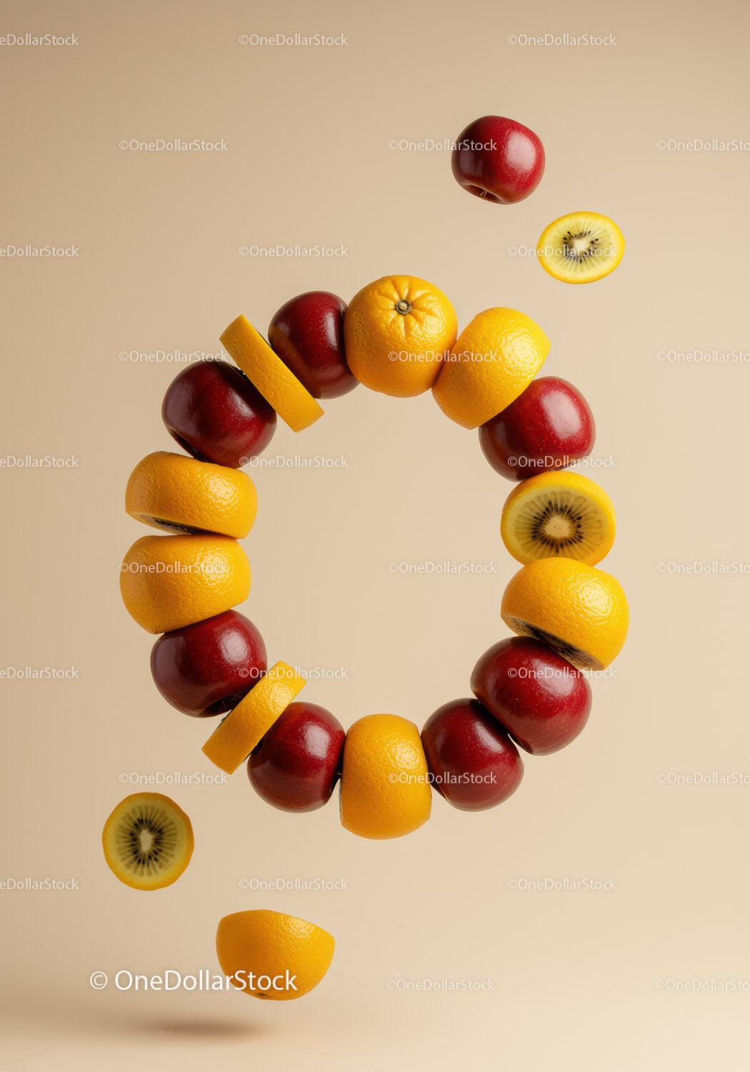 Floating ring of mixed fresh fruits in beige studio