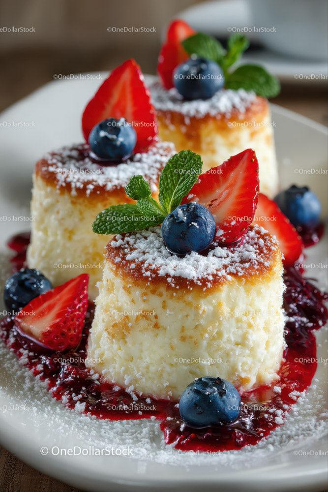 Cheesecake with Fresh Berries and Mint on White Plate