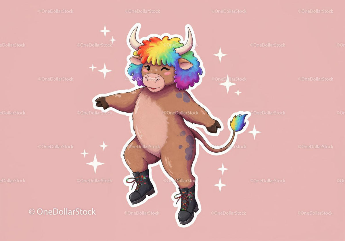 Colorful Cartoon Bull with Rainbow Hair in Funky Streetwear Stock Photo Bundle preview 9
