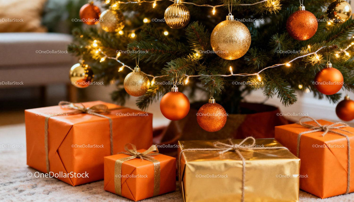 Festive Christmas tree with orange and gold presents