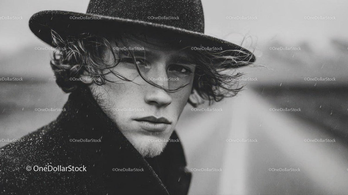 Black and White Portrait of Stylish Male Model Wearing Fedora Hat