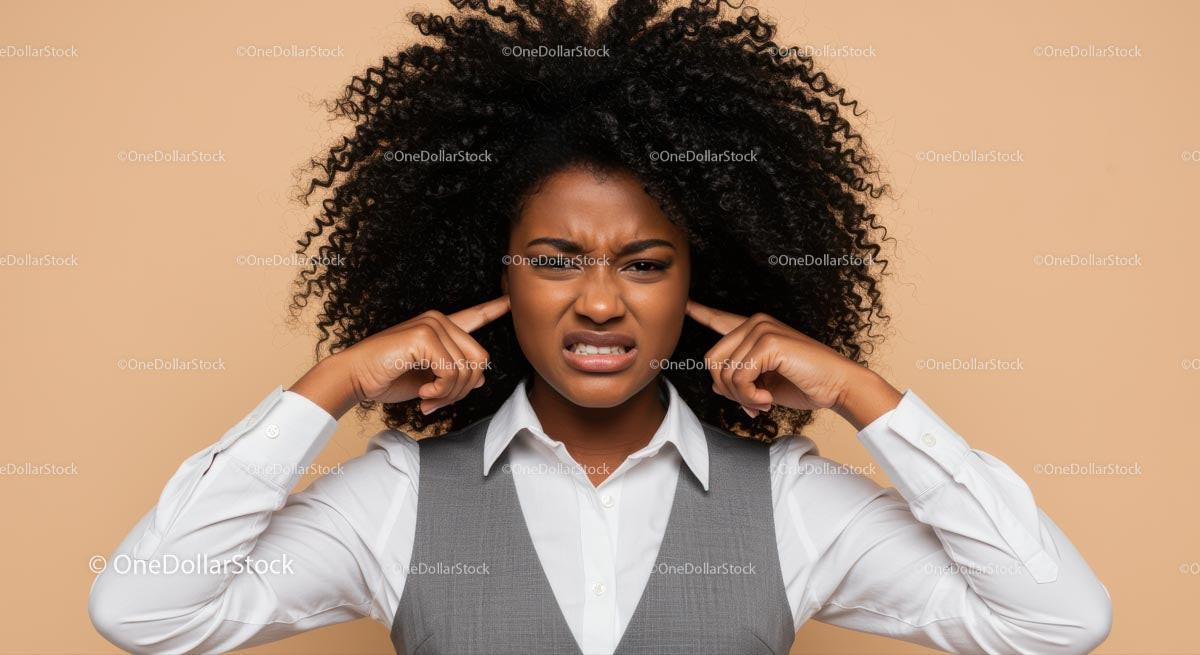 Frustrated Woman Covers Ears Against Noise in Business Attire Stock Photo Bundle preview 42